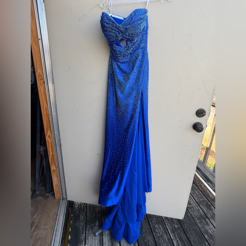 Sherri Hill Sapphire Gown with Rhinestones - Picture 2 of 5